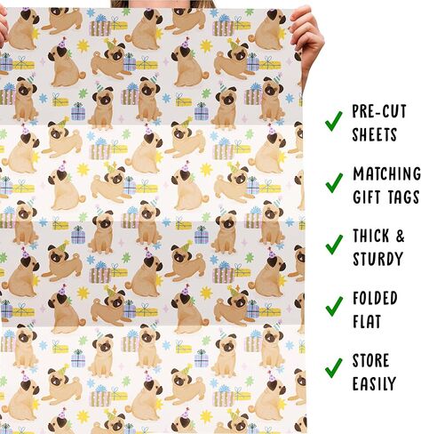 CENTRAL 23 Pug Wrapping Paper - 6 Sheets Of Gift Wrap With Tags - Pugs, Birthday Presents And Hats - Dog Wrapping Paper For Fur Mom Dad - Dog Lovers - Recyclable in Saudi Arabia