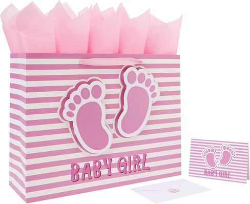 16.5'' Extra Large Baby Girl Gift Bag Set with Handles, Greeting Card, Pink Tissue Papers and Stickers for Girls Kids for Baby Shower, Girls' Birthday Party, Newborn, New Moms, Little One, 1st Baby, 3D Footprints Design, 1 Pcs in Saudi Arabia