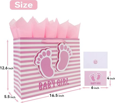 16.5'' Extra Large Baby Girl Gift Bag Set with Handles, Greeting Card, Pink Tissue Papers and Stickers for Girls Kids for Baby Shower, Girls' Birthday Party, Newborn, New Moms, Little One, 1st Baby, 3D Footprints Design, 1 Pcs in Saudi Arabia