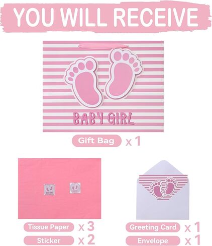 16.5'' Extra Large Baby Girl Gift Bag Set with Handles, Greeting Card, Pink Tissue Papers and Stickers for Girls Kids for Baby Shower, Girls' Birthday Party, Newborn, New Moms, Little One, 1st Baby, 3D Footprints Design, 1 Pcs in Saudi Arabia