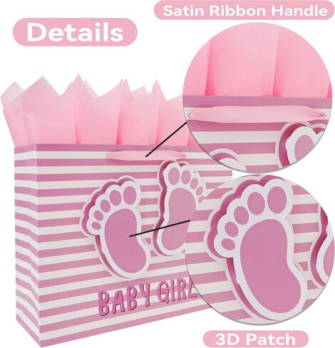 16.5'' Extra Large Baby Girl Gift Bag Set with Handles, Greeting Card, Pink Tissue Papers and Stickers for Girls Kids for Baby Shower, Girls' Birthday Party, Newborn, New Moms, Little One, 1st Baby, 3D Footprints Design, 1 Pcs in Saudi Arabia