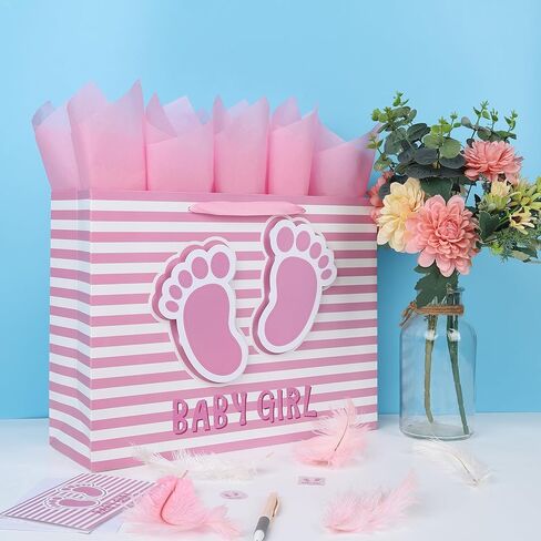 16.5'' Extra Large Baby Girl Gift Bag Set with Handles, Greeting Card, Pink Tissue Papers and Stickers for Girls Kids for Baby Shower, Girls' Birthday Party, Newborn, New Moms, Little One, 1st Baby, 3D Footprints Design, 1 Pcs in Saudi Arabia