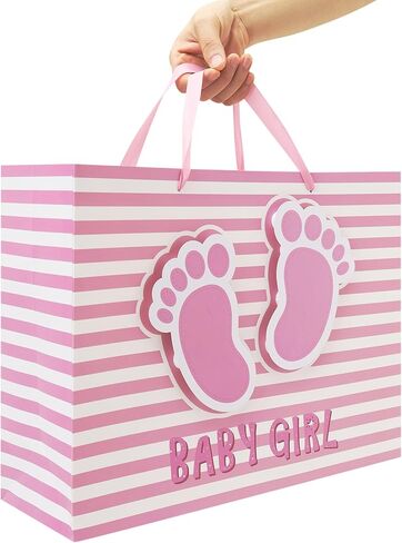 16.5'' Extra Large Baby Girl Gift Bag Set with Handles, Greeting Card, Pink Tissue Papers and Stickers for Girls Kids for Baby Shower, Girls' Birthday Party, Newborn, New Moms, Little One, 1st Baby, 3D Footprints Design, 1 Pcs in Saudi Arabia
