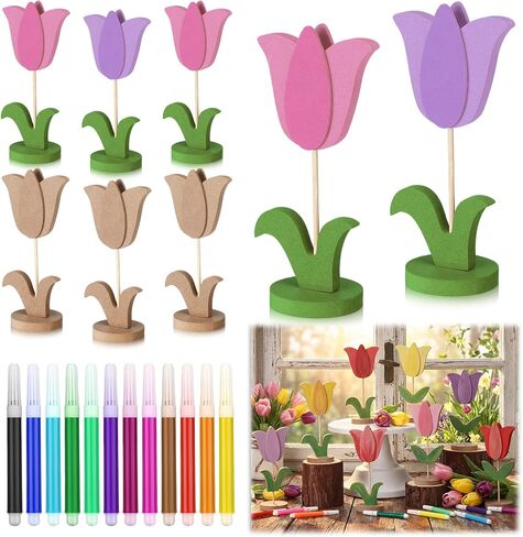 Bucherry 20 Pcs DIY Spring Crafts Set 8 Pcs 3D Wooden Flowers to Paint Unfinished Wood Tulip Slices 3D Wooden Flower Cutouts with 12 Colored Pens for Crafts Mother's Day Tiered Tray Table Decor in Saudi Arabia