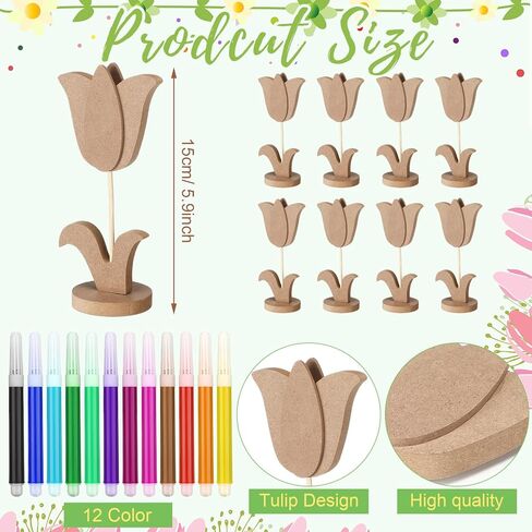 Bucherry 20 Pcs DIY Spring Crafts Set 8 Pcs 3D Wooden Flowers to Paint Unfinished Wood Tulip Slices 3D Wooden Flower Cutouts with 12 Colored Pens for Crafts Mother's Day Tiered Tray Table Decor in Saudi Arabia