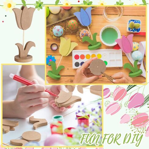 Bucherry 20 Pcs DIY Spring Crafts Set 8 Pcs 3D Wooden Flowers to Paint Unfinished Wood Tulip Slices 3D Wooden Flower Cutouts with 12 Colored Pens for Crafts Mother's Day Tiered Tray Table Decor in Saudi Arabia