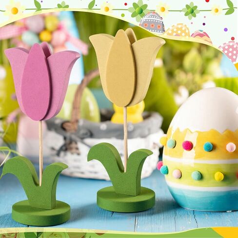 Bucherry 20 Pcs DIY Spring Crafts Set 8 Pcs 3D Wooden Flowers to Paint Unfinished Wood Tulip Slices 3D Wooden Flower Cutouts with 12 Colored Pens for Crafts Mother's Day Tiered Tray Table Decor in Saudi Arabia