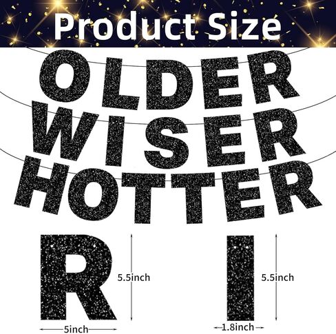 Black Glitter OLDER WISER HOTTER Banner Birthday Decorations, Pre-Strung Cardboard Letter Garland for Adult Birthday, Retirement Party Supplies, Funny 30th 40th 50th 60th 70th 80th Milestone Decor in Saudi Arabia