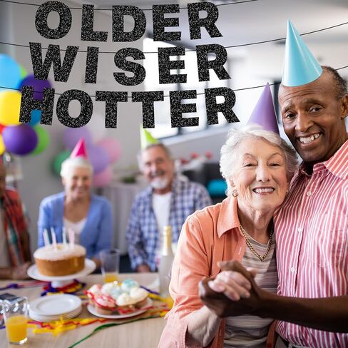 Black Glitter OLDER WISER HOTTER Banner Birthday Decorations, Pre-Strung Cardboard Letter Garland for Adult Birthday, Retirement Party Supplies, Funny 30th 40th 50th 60th 70th 80th Milestone Decor in Saudi Arabia