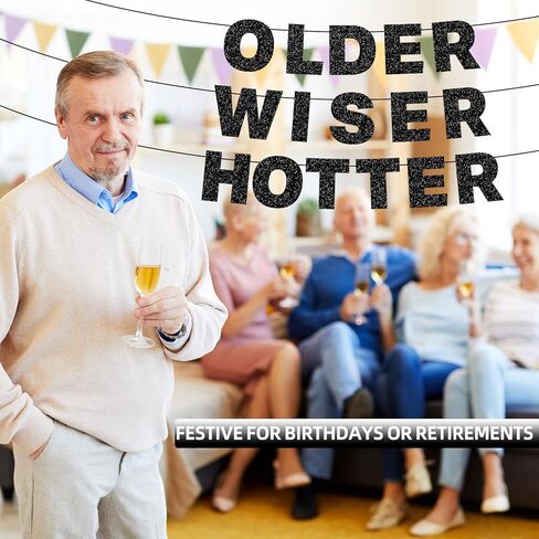 Black Glitter OLDER WISER HOTTER Banner Birthday Decorations, Pre-Strung Cardboard Letter Garland for Adult Birthday, Retirement Party Supplies, Funny 30th 40th 50th 60th 70th 80th Milestone Decor in Saudi Arabia