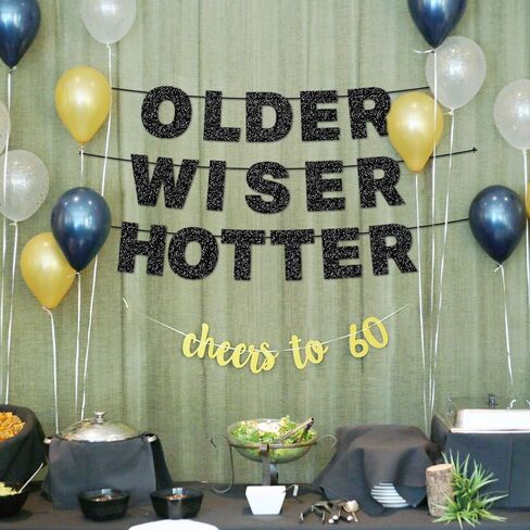 Black Glitter OLDER WISER HOTTER Banner Birthday Decorations, Pre-Strung Cardboard Letter Garland for Adult Birthday, Retirement Party Supplies, Funny 30th 40th 50th 60th 70th 80th Milestone Decor in Saudi Arabia