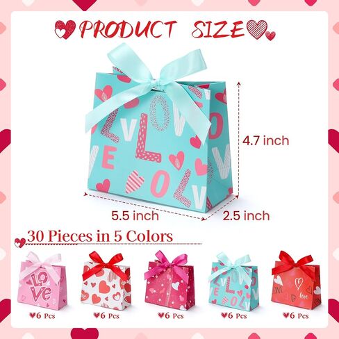 FUQUUON 30 Pack Small Valentines Day Gift Bags with Bow Ribbon， Heart Shaped Treat Bag for Wedding Holiday Party Gift Giving，5.5x4.7x2.5 inch Goodies Bags for Classroom Exchange Prizes in Saudi Arabia