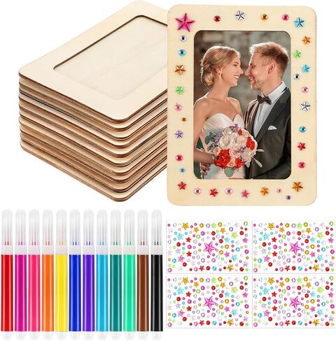 DIY Picture Frames Craft Kits Craft Picture Frames to Decorate 4x6 Photo 10 Pcs Unfinished Wood Frame with 12 Pcs Painting Color Pen and 4 Sheets Crystal Diamond Stickers for DIY Crafts in Saudi Arabia