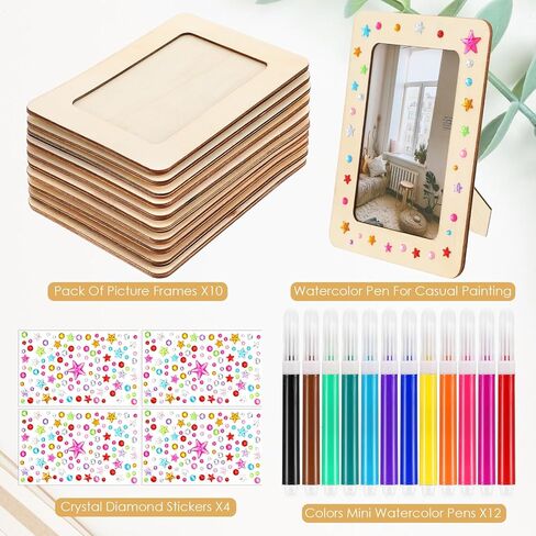 DIY Picture Frames Craft Kits Craft Picture Frames to Decorate 4x6 Photo 10 Pcs Unfinished Wood Frame with 12 Pcs Painting Color Pen and 4 Sheets Crystal Diamond Stickers for DIY Crafts in Saudi Arabia