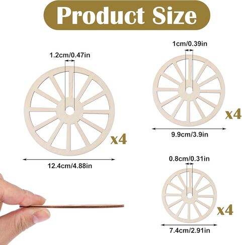 12PCS 3 Sizes Unfinished Wood Wheel, 4.9/3.9/2.9in Blank Wood Slices Wooden Wagon Wheel Decor 0.1in Thick Wooden Wheels for Crafts for DIY Craft Painting Drawing Home Party Decoration in Saudi Arabia