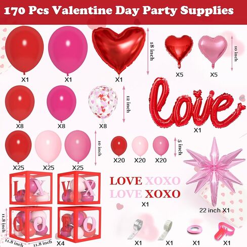 Ouddy Life 170Pcs Valentines Day Balloons Arch Garland Kit, Pink Red Valentines Day Party Decorations, Boxes with Letters XOXO LOVE Stars Foil Balloon for Women Girls Valentine's Wedding Engagement in Saudi Arabia