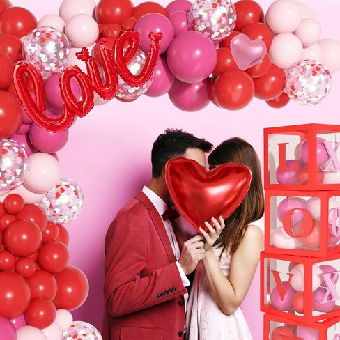 Ouddy Life 170Pcs Valentines Day Balloons Arch Garland Kit, Pink Red Valentines Day Party Decorations, Boxes with Letters XOXO LOVE Stars Foil Balloon for Women Girls Valentine's Wedding Engagement in Saudi Arabia