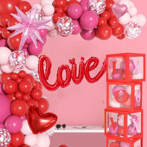 Ouddy Life 170Pcs Valentines Day Balloons Arch Garland Kit, Pink Red Valentines Day Party Decorations, Boxes with Letters XOXO LOVE Stars Foil Balloon for Women Girls Valentine's Wedding Engagement in Saudi Arabia
