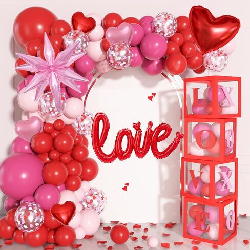 Ouddy Life 170Pcs Valentines Day Balloons Arch Garland Kit, Pink Red Valentines Day Party Decorations, Boxes with Letters XOXO LOVE Stars Foil Balloon for Women Girls Valentine's Wedding Engagement in Saudi Arabia