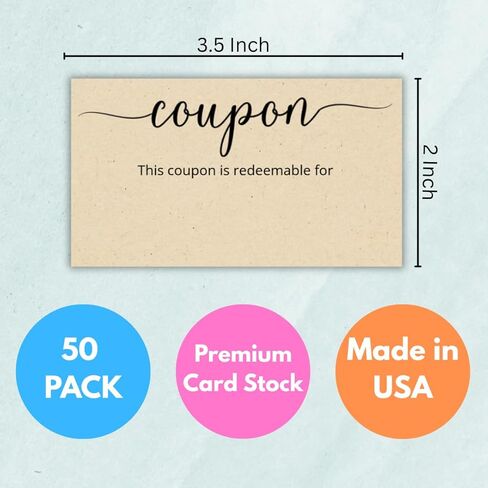 Blank Coupon Cards | Kraft Tan | 3.5x2 Inch | 50 Pack | DIY Gift Certificate, Vouchers for Present, Holiday, Valentines Simple Redeemable in Kuwait
