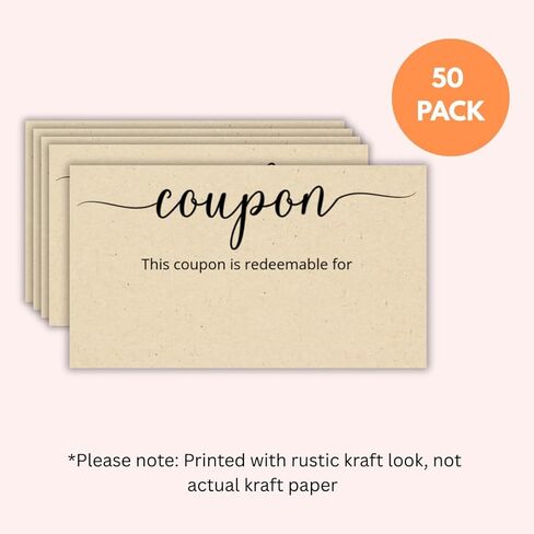 Blank Coupon Cards | Kraft Tan | 3.5x2 Inch | 50 Pack | DIY Gift Certificate, Vouchers for Present, Holiday, Valentines Simple Redeemable in Kuwait