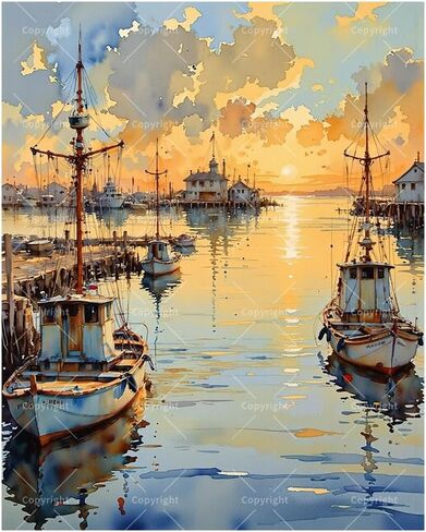 Landscape Paint by Numbers Kit for Adults - DIY Fishing Boats at Dock Sunset Scene Painting on Canvas 16x20 Inches, Acrylic Paint Set, Suitable for Beginners, Art for Home Decoration or Gifts in Saudi Arabia