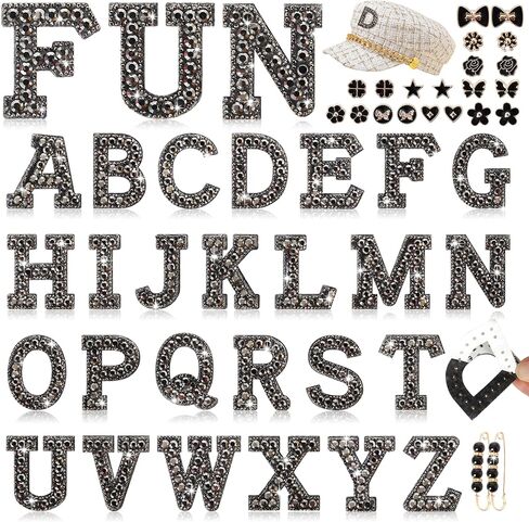 Rhinestone Self-Adhesive Letter Clothing Patches: Kingsow 48pcs Black Rhinestone Bling Letter Patch Stickers for DIY Crafts - Glitter Crystal Alphabet Patches Stick on Jackets,Hats,Bags in Saudi Arabia