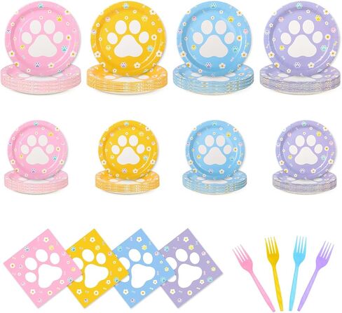 192pcs Dog Paw Paper Plates Napkins Forks Serve 48,Pink Blue Yellow Purple Dog Party Plates for Birthday Baby Shower Outdoor events in Kuwait