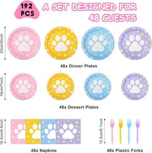 192pcs Dog Paw Paper Plates Napkins Forks Serve 48,Pink Blue Yellow Purple Dog Party Plates for Birthday Baby Shower Outdoor events in Kuwait