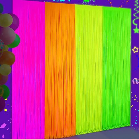 Glow in The Dark Tinsel Curtains 4 Pack - Neon Party Decorations 3.3x6.6ft UV Reactive Fluorescent Macaron Backdrop for Neon, Pride, Birthday Decor, Double Colors & Quantity, Pre-Taped, Waterproof in Saudi Arabia