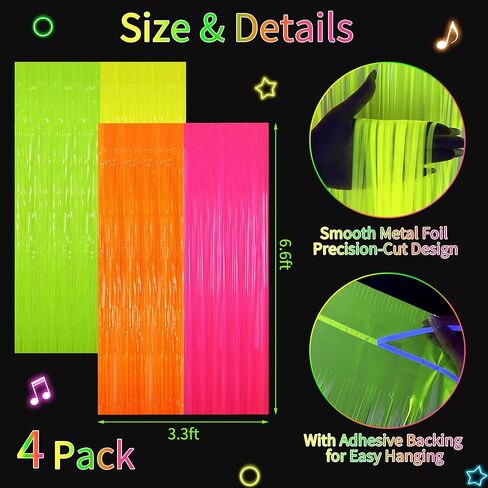 Glow in The Dark Tinsel Curtains 4 Pack - Neon Party Decorations 3.3x6.6ft UV Reactive Fluorescent Macaron Backdrop for Neon, Pride, Birthday Decor, Double Colors & Quantity, Pre-Taped, Waterproof in Saudi Arabia