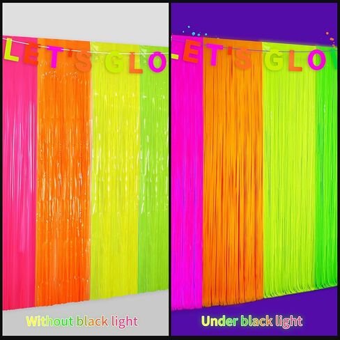 Glow in The Dark Tinsel Curtains 4 Pack - Neon Party Decorations 3.3x6.6ft UV Reactive Fluorescent Macaron Backdrop for Neon, Pride, Birthday Decor, Double Colors & Quantity, Pre-Taped, Waterproof in Saudi Arabia