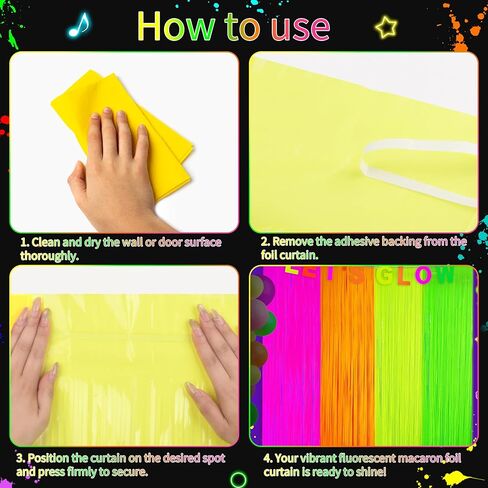 Glow in The Dark Tinsel Curtains 4 Pack - Neon Party Decorations 3.3x6.6ft UV Reactive Fluorescent Macaron Backdrop for Neon, Pride, Birthday Decor, Double Colors & Quantity, Pre-Taped, Waterproof in Saudi Arabia