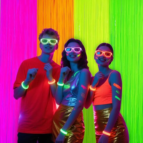 Glow in The Dark Tinsel Curtains 4 Pack - Neon Party Decorations 3.3x6.6ft UV Reactive Fluorescent Macaron Backdrop for Neon, Pride, Birthday Decor, Double Colors & Quantity, Pre-Taped, Waterproof in Saudi Arabia
