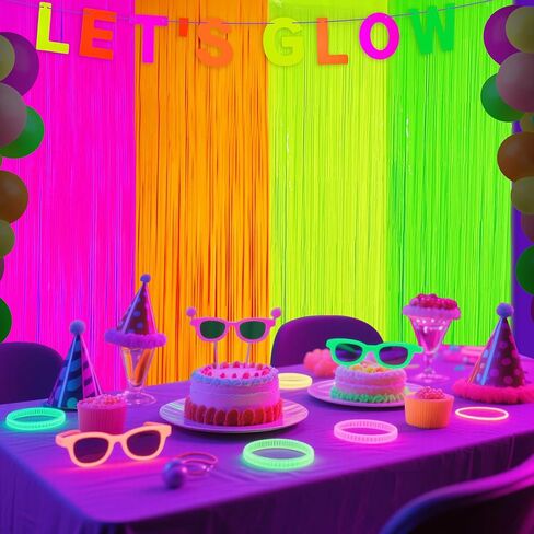Glow in The Dark Tinsel Curtains 4 Pack - Neon Party Decorations 3.3x6.6ft UV Reactive Fluorescent Macaron Backdrop for Neon, Pride, Birthday Decor, Double Colors & Quantity, Pre-Taped, Waterproof in Saudi Arabia
