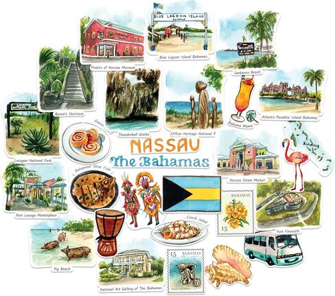 Navy Peony Blissful Bahamas Travel Stickers (28pcs) - Hand-Illustrated, Tropical, Caribbean, Bahamian-Themed Decals for Journals, Scrapbooks, Luggage in Saudi Arabia