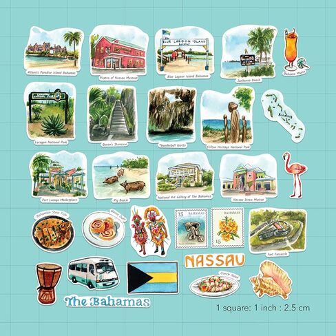 Navy Peony Blissful Bahamas Travel Stickers (28pcs) - Hand-Illustrated, Tropical, Caribbean, Bahamian-Themed Decals for Journals, Scrapbooks, Luggage in Saudi Arabia