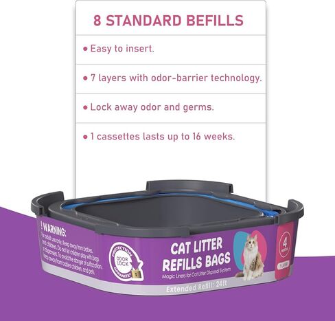 خرطوشة أكياس إعادة تعبئة فضلات القطط، متوافقة مع معايير Litter Cat Genie Standard، Plus، XL، XL+ عبوات إعادة تعبئة السطل، أكياس نفايات الحيوانات الأليفة ذات 7 طبقات للتحكم في الرائحة، 8 عبوات in Kuwait