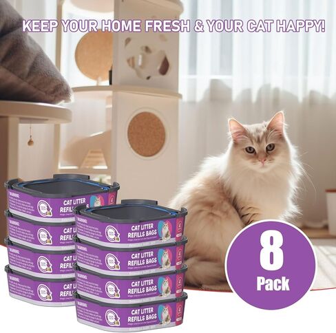 خرطوشة أكياس إعادة تعبئة فضلات القطط، متوافقة مع معايير Litter Cat Genie Standard، Plus، XL، XL+ عبوات إعادة تعبئة السطل، أكياس نفايات الحيوانات الأليفة ذات 7 طبقات للتحكم في الرائحة، 8 عبوات in Kuwait