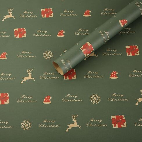 Vintage Kraft Christmas Wrapping Paper - Retro Holiday Gift Wrap for Festive Present Decorations & Seasonal Packaging（Green elk） in Saudi Arabia