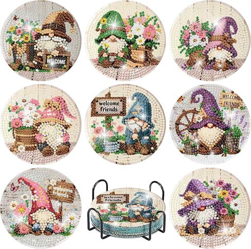 askkqtx 8 Pcs Gnome Diamond Art Coasters Kits with Holder, Flowers Diamond Painting Coasters Kits for Adults, DIY 5D Diamond Dots Small Mini Kit Full Drill Art Craft Supplies 4X4 Inch in Kuwait