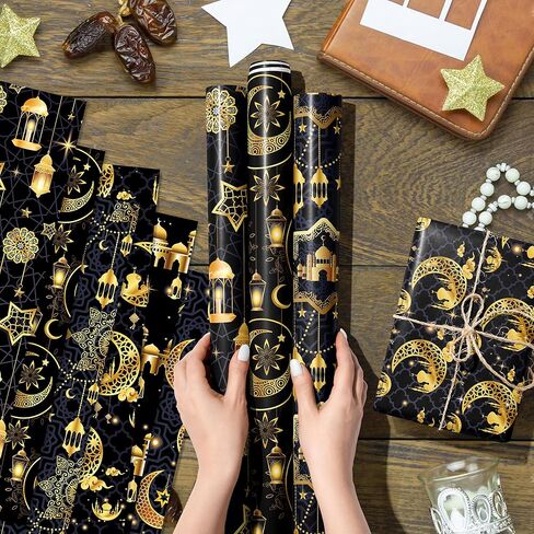 12Pcs Eid Mubarak Wrapping Paper Set Black and Gold Ramadan Al-fitr Gift Paper with 6 Designs Moon, Star, Mosque Themed Patterns for Eid al-Adha, Muslim Party, DIY Crafts, Holiday Gifts, 20'' x 27'' in Saudi Arabia