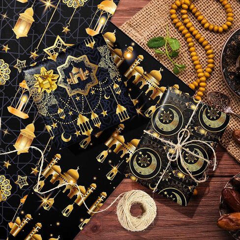 12Pcs Eid Mubarak Wrapping Paper Set Black and Gold Ramadan Al-fitr Gift Paper with 6 Designs Moon, Star, Mosque Themed Patterns for Eid al-Adha, Muslim Party, DIY Crafts, Holiday Gifts, 20'' x 27'' in Saudi Arabia