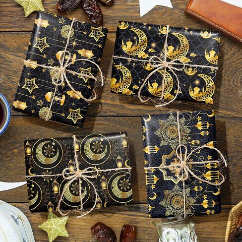 12Pcs Eid Mubarak Wrapping Paper Set Black and Gold Ramadan Al-fitr Gift Paper with 6 Designs Moon, Star, Mosque Themed Patterns for Eid al-Adha, Muslim Party, DIY Crafts, Holiday Gifts, 20'' x 27'' in Saudi Arabia