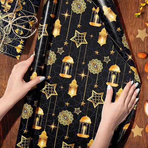 12Pcs Eid Mubarak Wrapping Paper Set Black and Gold Ramadan Al-fitr Gift Paper with 6 Designs Moon, Star, Mosque Themed Patterns for Eid al-Adha, Muslim Party, DIY Crafts, Holiday Gifts, 20'' x 27'' in Saudi Arabia