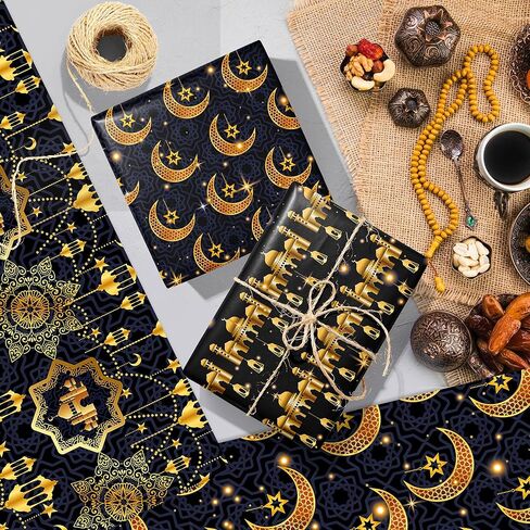 12Pcs Eid Mubarak Wrapping Paper Set Black and Gold Ramadan Al-fitr Gift Paper with 6 Designs Moon, Star, Mosque Themed Patterns for Eid al-Adha, Muslim Party, DIY Crafts, Holiday Gifts, 20'' x 27'' in Saudi Arabia