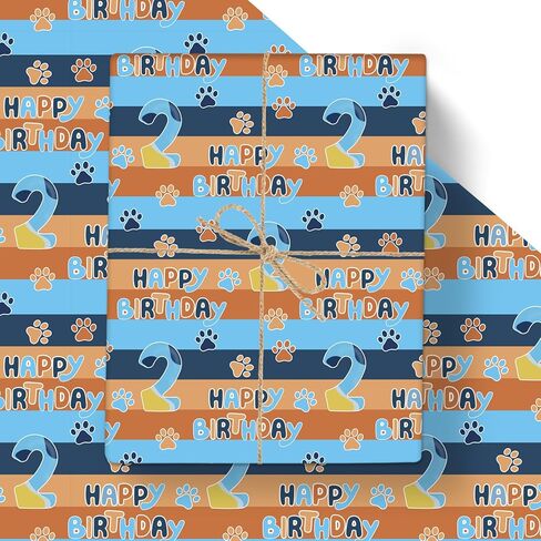 Beehaam Happy 2nd Birthday Wrapping Paper, 10 Sheets Blue Orange Dog Paw Gift Wrap Paper for Kids Boys Girls Birthday Party Baby Showers Holiday Greetings Present Packing | 19.7×27.6 inch in Saudi Arabia