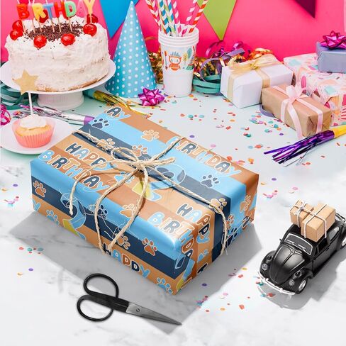 Beehaam Happy 2nd Birthday Wrapping Paper, 10 Sheets Blue Orange Dog Paw Gift Wrap Paper for Kids Boys Girls Birthday Party Baby Showers Holiday Greetings Present Packing | 19.7×27.6 inch in Saudi Arabia