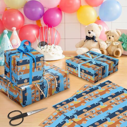 Beehaam Happy 2nd Birthday Wrapping Paper, 10 Sheets Blue Orange Dog Paw Gift Wrap Paper for Kids Boys Girls Birthday Party Baby Showers Holiday Greetings Present Packing | 19.7×27.6 inch in Saudi Arabia