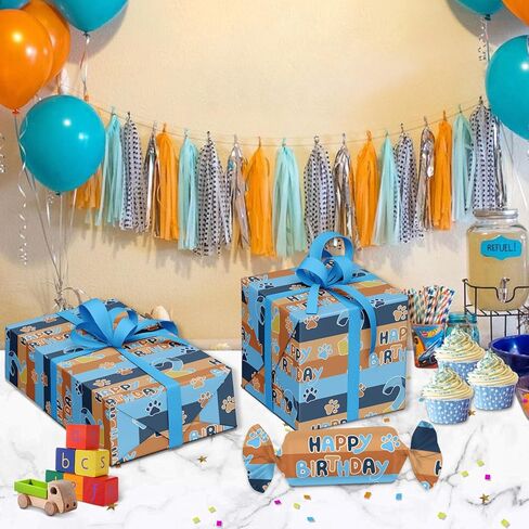 Beehaam Happy 2nd Birthday Wrapping Paper, 10 Sheets Blue Orange Dog Paw Gift Wrap Paper for Kids Boys Girls Birthday Party Baby Showers Holiday Greetings Present Packing | 19.7×27.6 inch in Saudi Arabia